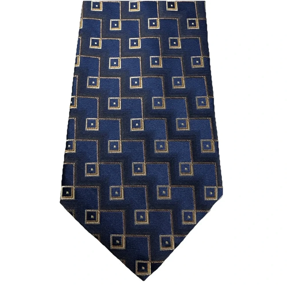 PAUL DIONE Men's 100% Silk Classic Necktie‎ Designer CHECKERED Navy Blue EUC